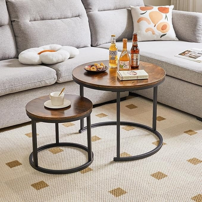 Round Nesting Table, Removable Set of 2 Coffee Tables, Stacking Sofa Side Table