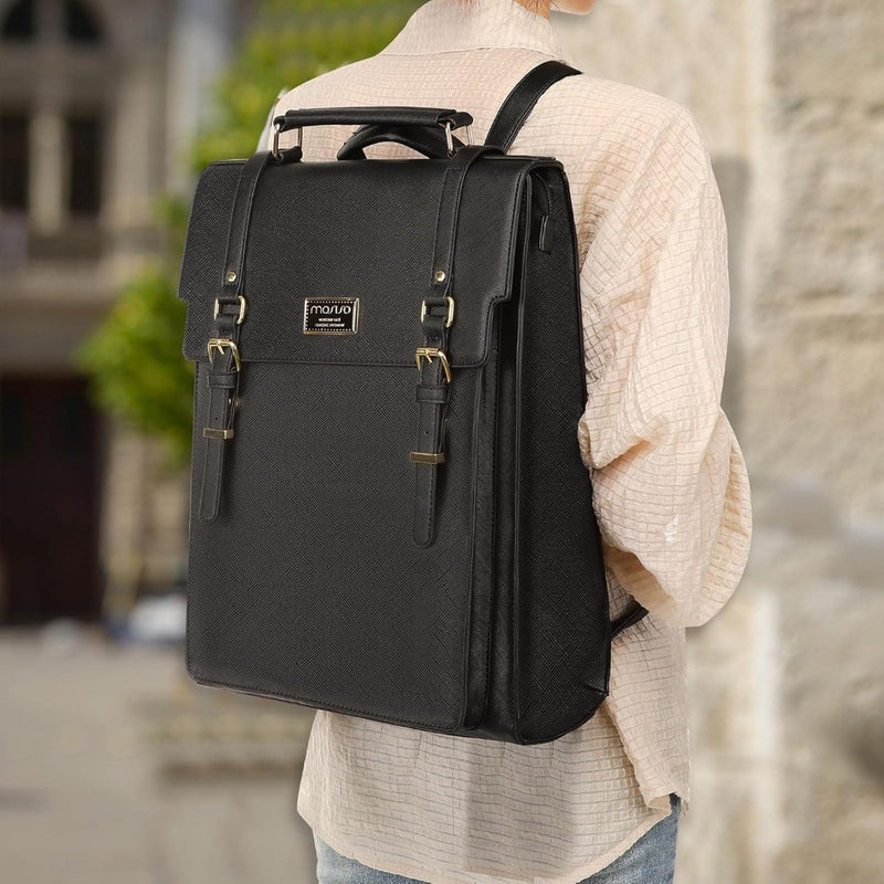 Laptop Backpack for Adults PU Leather Black