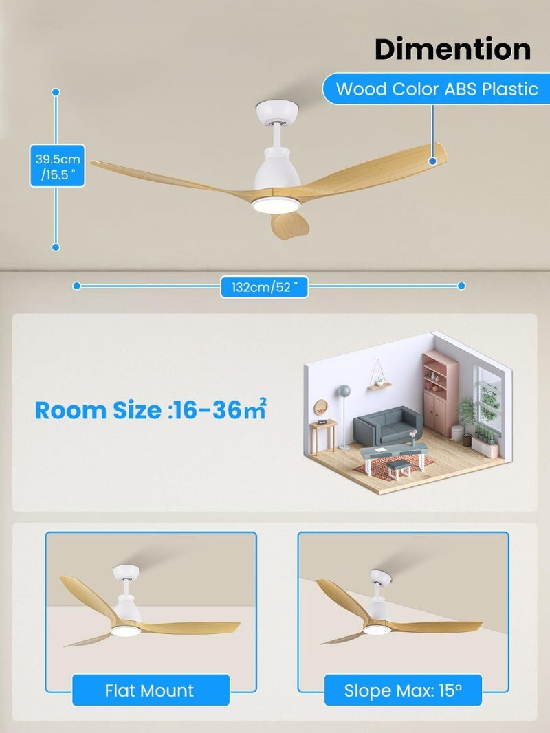 52" Wood Ceiling Fans with LED Lights Remote Control Quiet