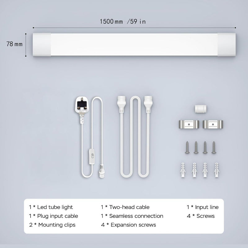 6000k Led Batten Ligh, 5FT 150CM 45W Plug in Wall Led Batten Light