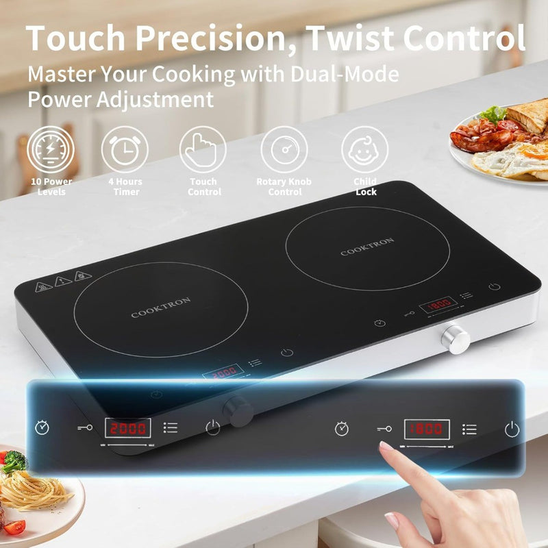 COOKTRON Induction Hob, Double Induction Cooker with Dual-Control (Touch & Knob)