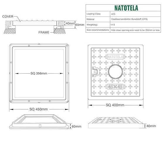 Manhole Cover And Frame Fiberglass - 450x450mm Square Septic Tank Lid