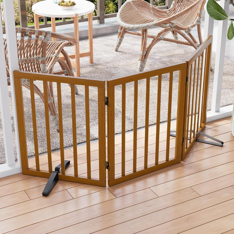 Bamboo Pet Gate with 2 Metal Stands 3 Panels Walnut