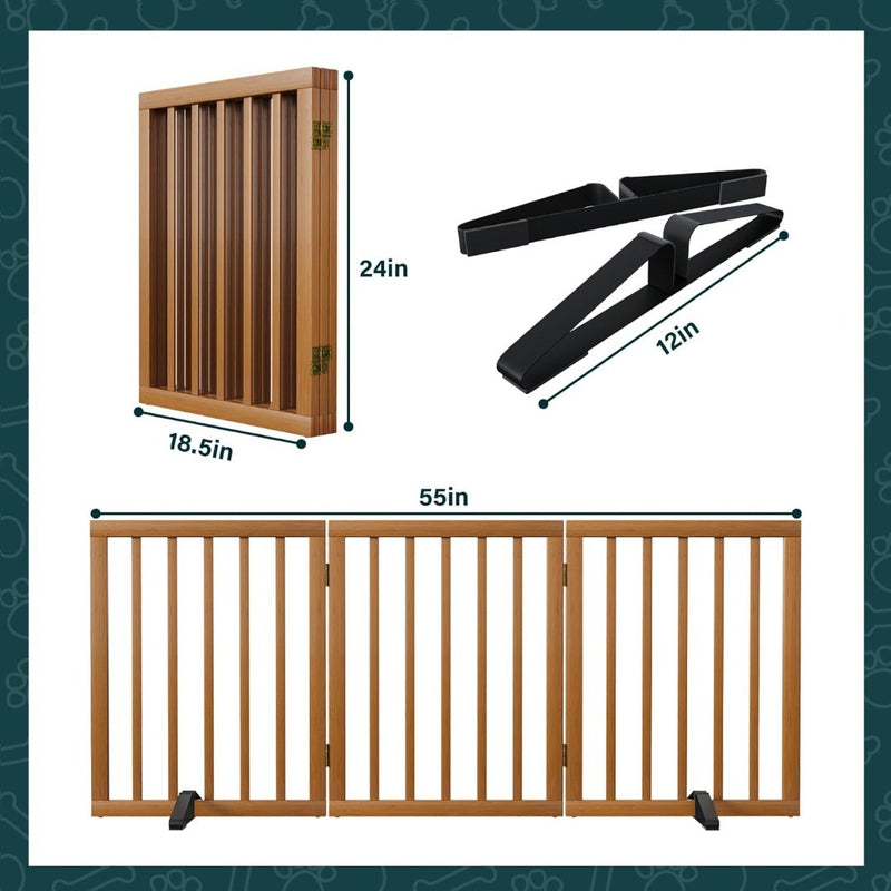 Bamboo Pet Gate with 2 Metal Stands 3 Panels Walnut