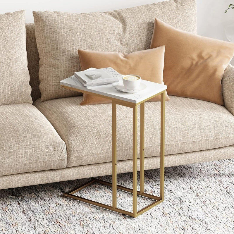 C-Shaped End Table Gold and White Marble