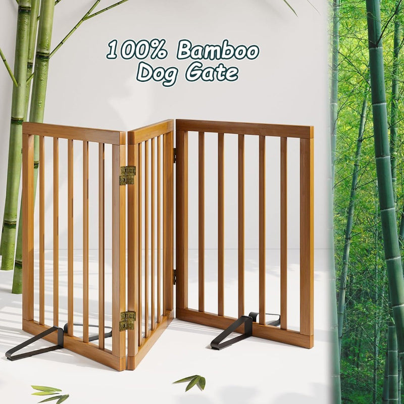 Bamboo Pet Gate with 2 Metal Stands 3 Panels Walnut