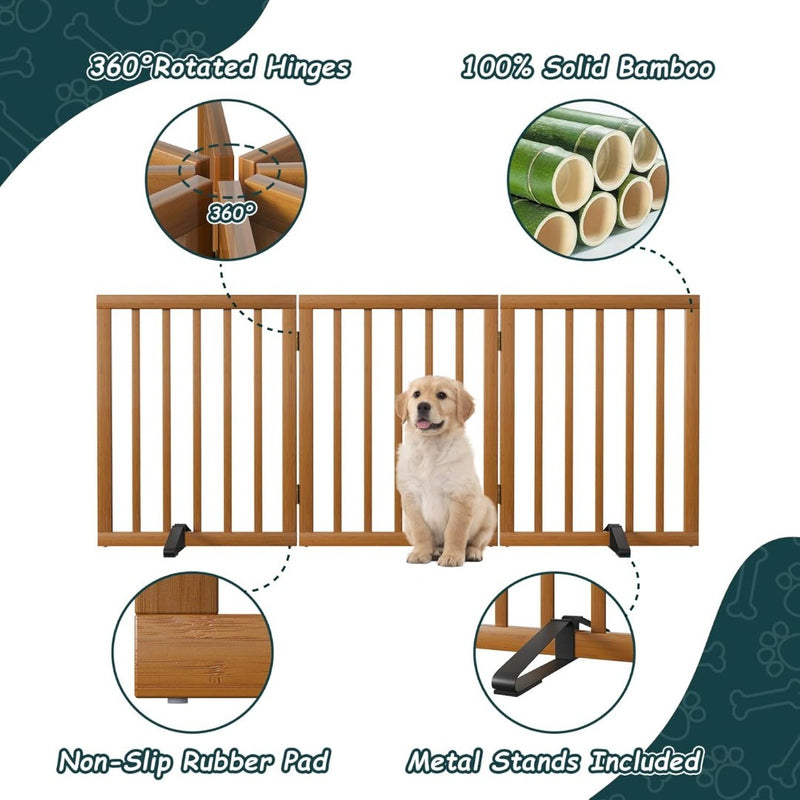 Bamboo Pet Gate with 2 Metal Stands 3 Panels Walnut