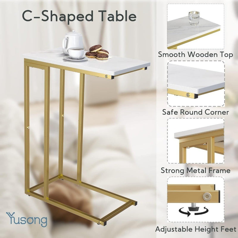 C-Shaped End Table Gold and White Marble