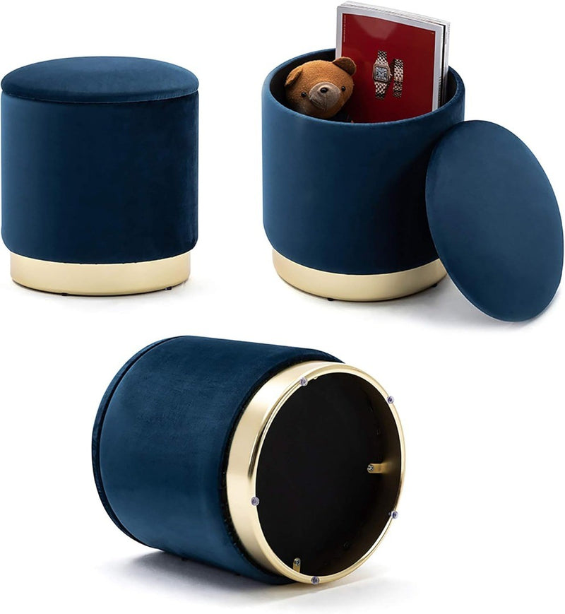 37cm Round Velvet Ottoman Storage Box with Lid Dark Blue