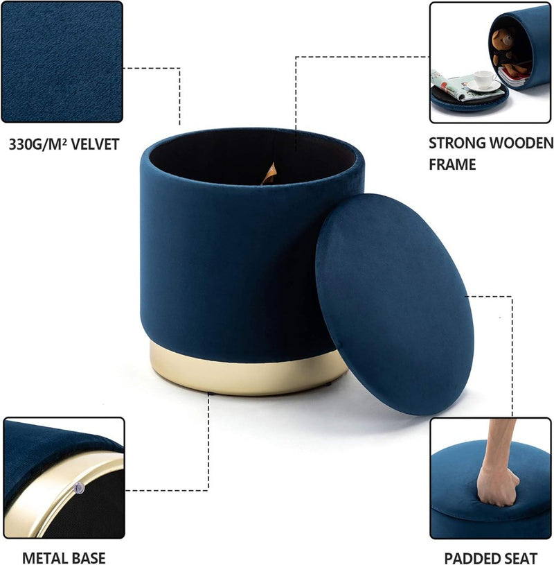 37cm Round Velvet Ottoman Storage Box with Lid Dark Blue