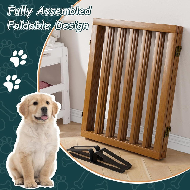 Bamboo Pet Gate with 2 Metal Stands 3 Panels Walnut