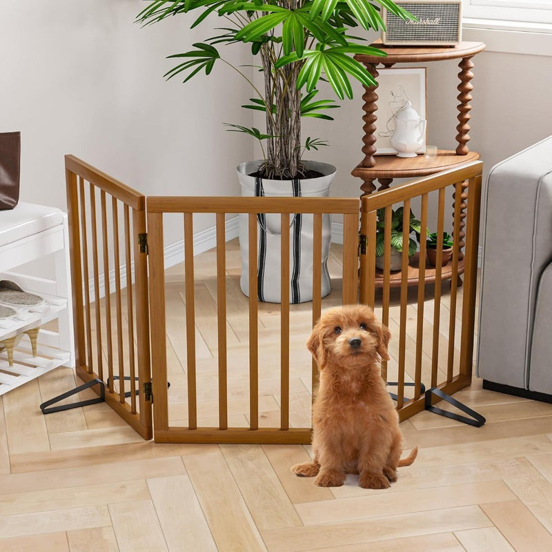 Bamboo Pet Gate with 2 Metal Stands 3 Panels Walnut