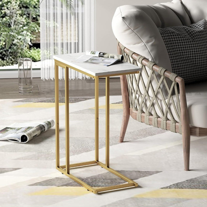 C-Shaped End Table Gold and White Marble