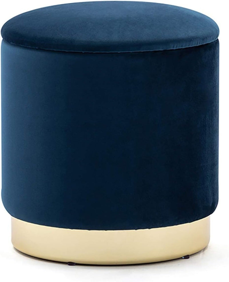 37cm Round Velvet Ottoman Storage Box with Lid Dark Blue