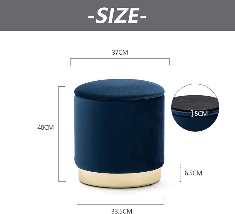 37cm Round Velvet Ottoman Storage Box with Lid Dark Blue