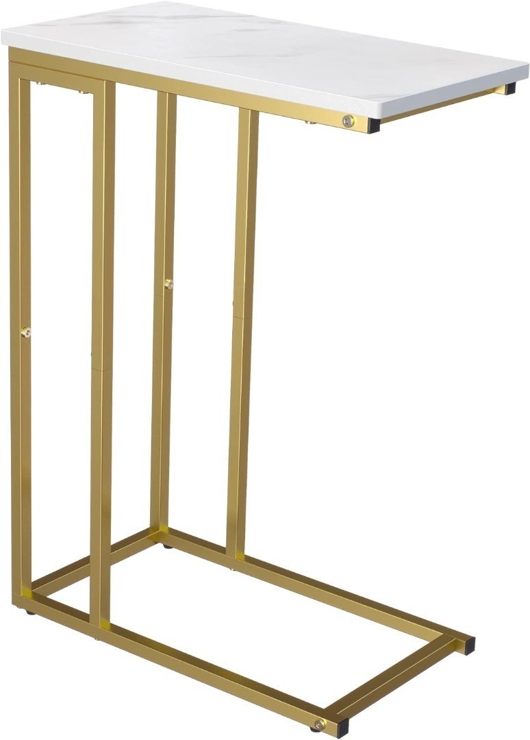 C-Shaped End Table Gold and White Marble