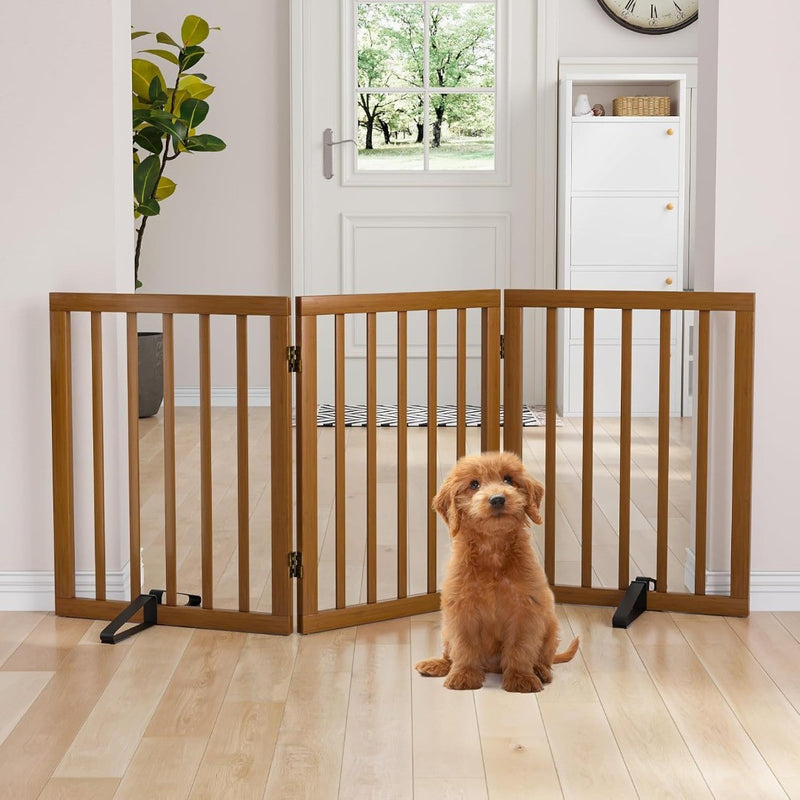 Bamboo Pet Gate with 2 Metal Stands 3 Panels Walnut