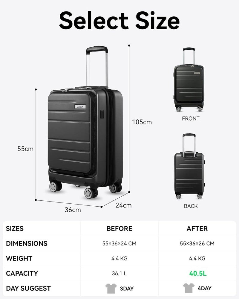 20" Carry On Cabin Suitcase 4 Wheels and USB Port Black