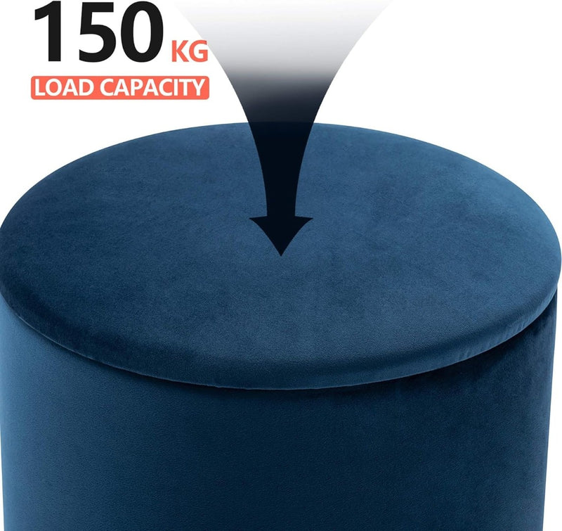 37cm Round Velvet Ottoman Storage Box with Lid Dark Blue