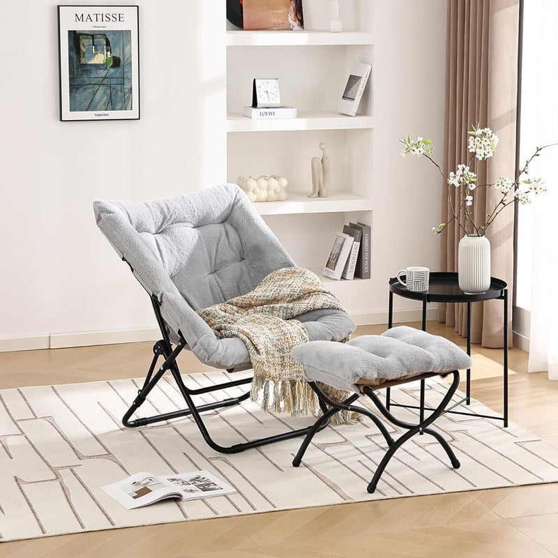 Comfy Saucer Chair with Ottoman, Oversized Foldable Faux Fur Lounge