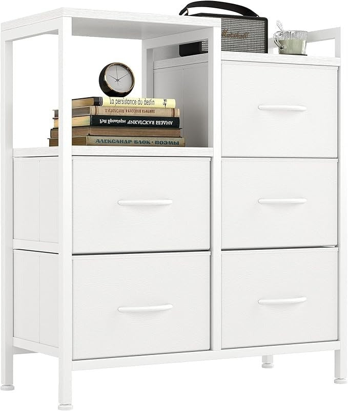 Dresser for Bedroom 5 Drawer 3-Tire Dresser Storage Tower with Fabric Bins White