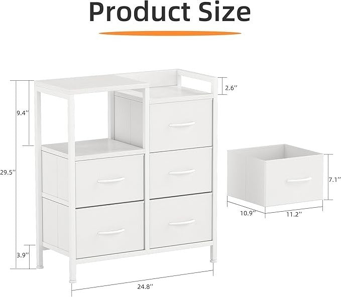 Dresser for Bedroom 5 Drawer 3-Tire Dresser Storage Tower with Fabric Bins White