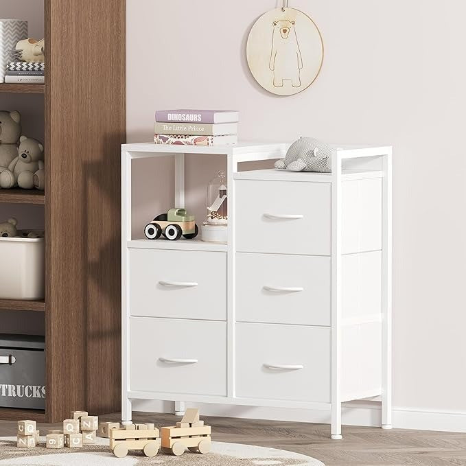 Dresser for Bedroom 5 Drawer 3-Tire Dresser Storage Tower with Fabric Bins White