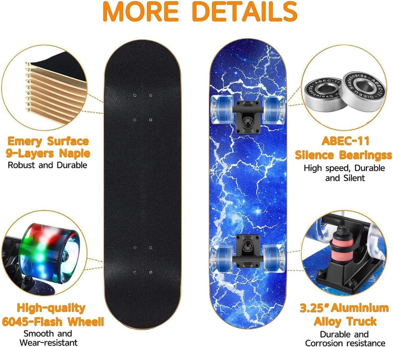 Skateboards with Colorful Flashing Wheels for Beginners 31 x 8 Inch