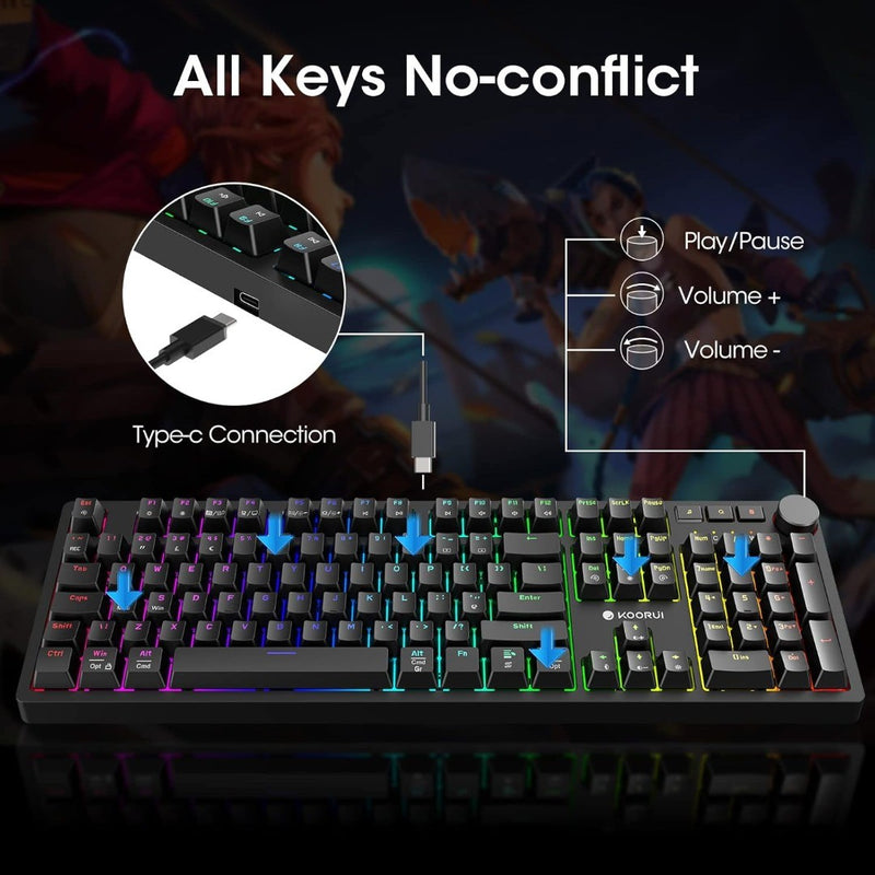 Gaming Keyboards, 26 RGB Backlit Mechanical Keyboard Wired 104 Keys