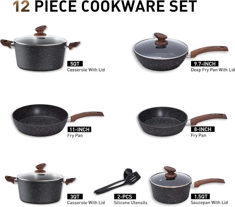 12 Piece Non-Stick Pots & Pans Set Nonstick Black