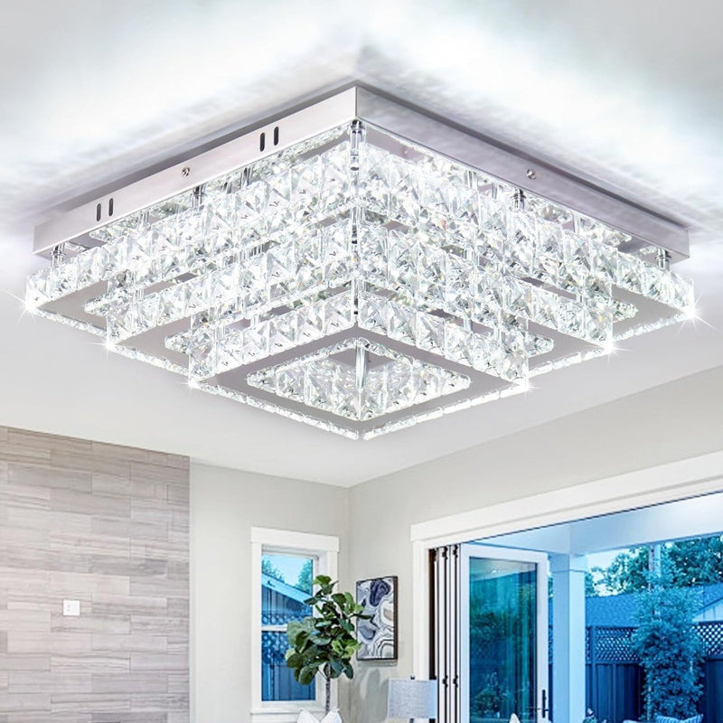 15"Square Crystal LED Ceiling Light Fixtures Chandelier 3-Tier