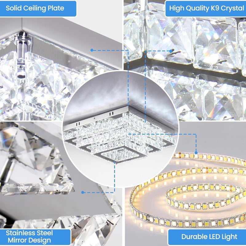 15"Square Crystal LED Ceiling Light Fixtures Chandelier 3-Tier