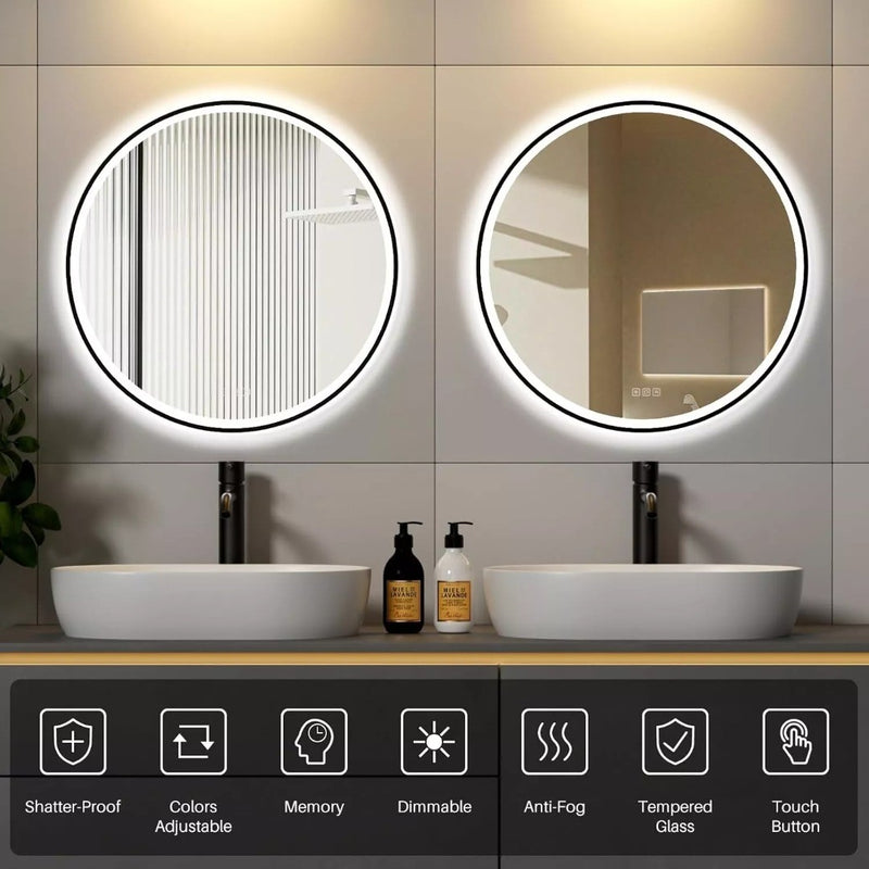 Bathroom Round Mirror with LED Light 500mm Backlit Dimmable Demister Black