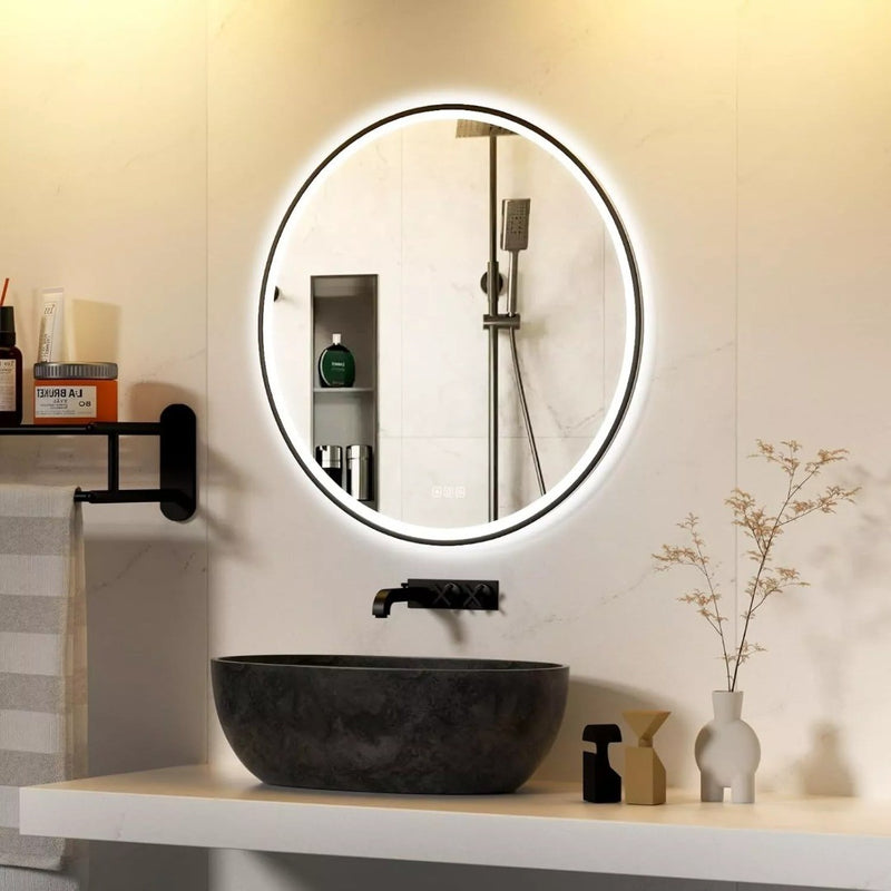 Bathroom Round Mirror with LED Light 500mm Backlit Dimmable Demister Black