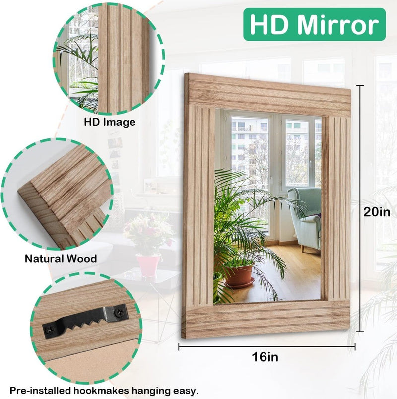 Rectangle Mirror Retro Wooden Wall-Mounted Mirrors, 20"x16"