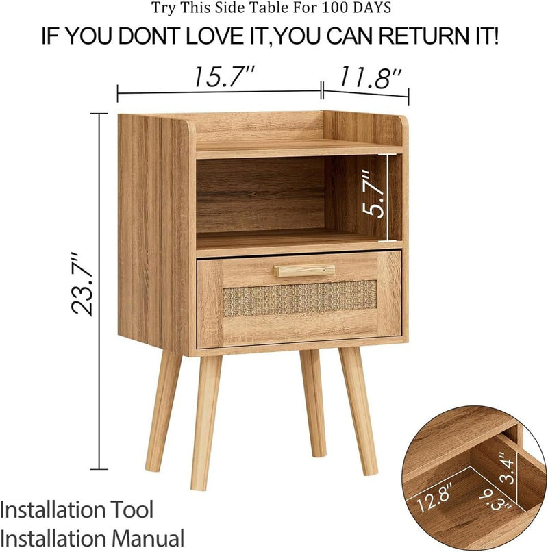Bedside Tables End Table Rattan Bedside Tables with Decorated Drawer