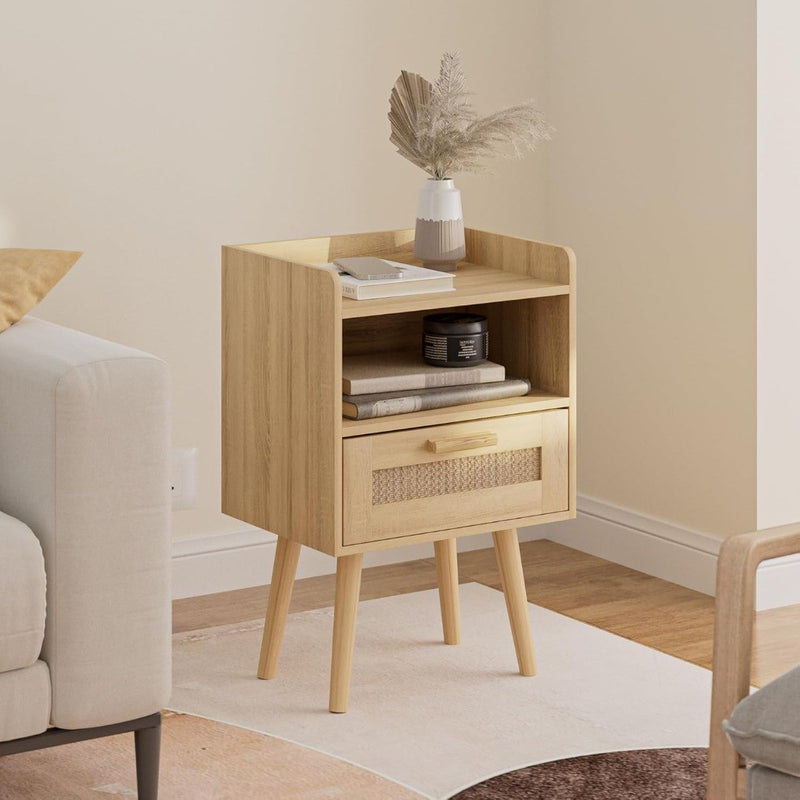 Bedside Tables End Table Rattan Bedside Tables with Decorated Drawer