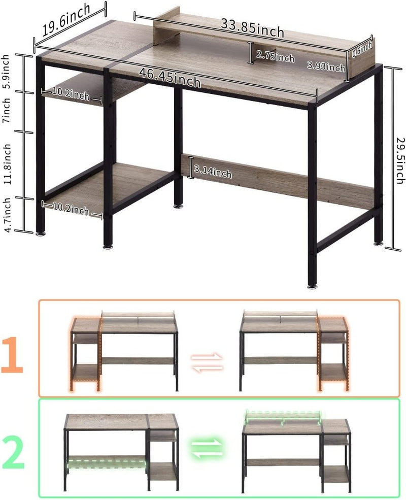 Computer Gaming Desk with Storage and Monitor Stand 47" Grey