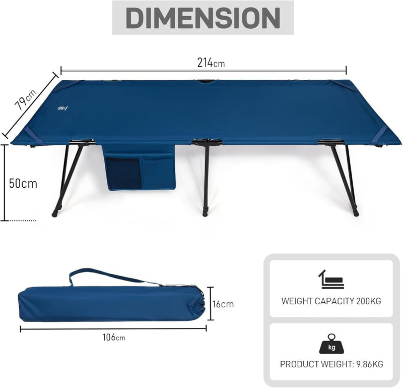 Camp Bed for Adults, Folding Camp Beds with Side Pocket Blue