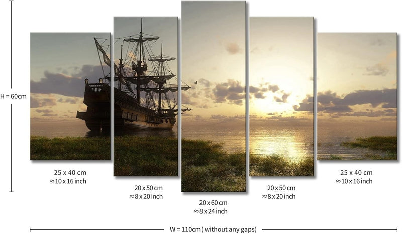 Pirate Ship Nautical Wall Art Viking Ship 5 Panel Printing On Canvas