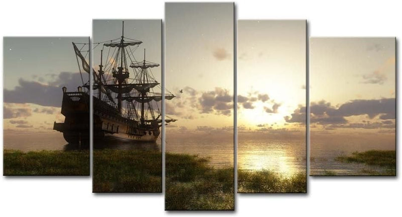 Pirate Ship Nautical Wall Art Viking Ship 5 Panel Printing On Canvas