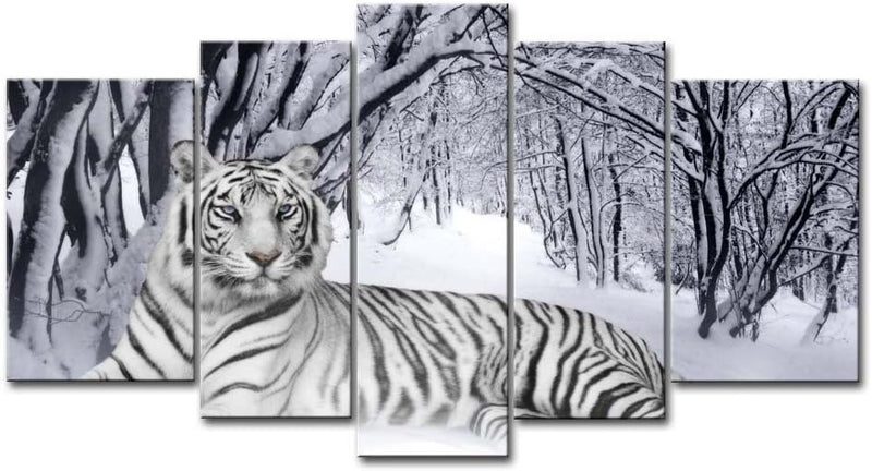 5 Piece Wall Art Painting White Tiger In Snow Forest Prints On Canvas