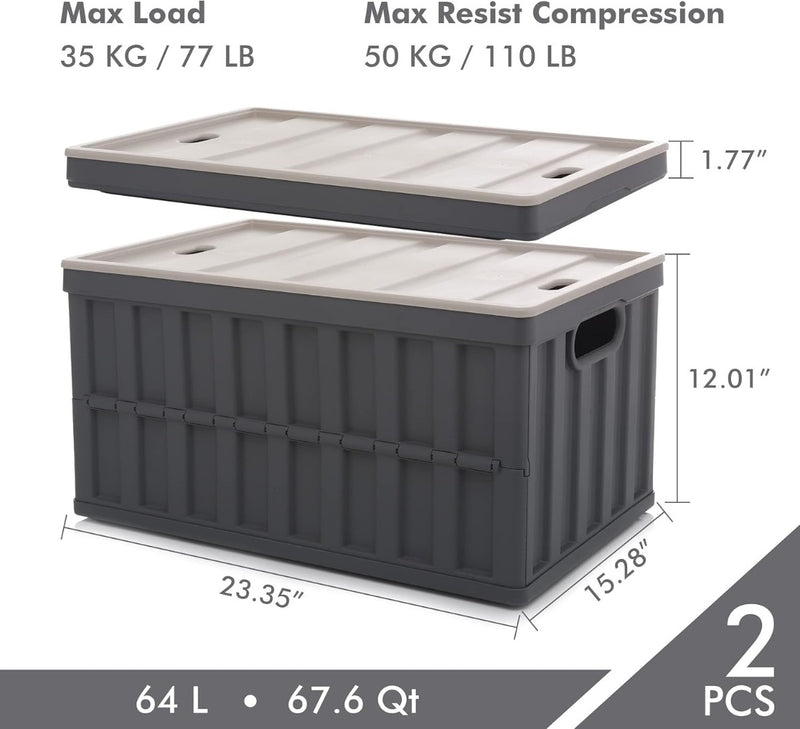 64L Collapsible Storage Bins & Lids Plastic Containers 2 packs