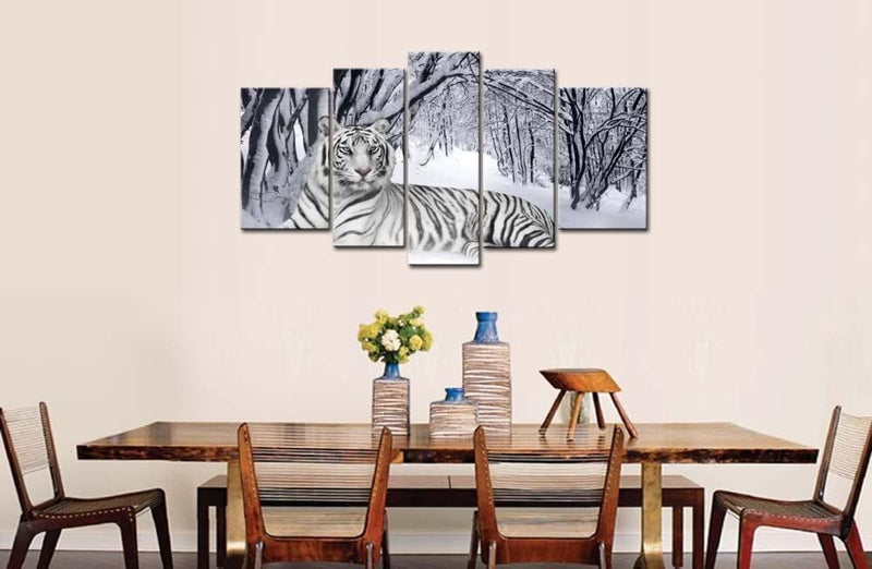 5 Piece Wall Art Painting White Tiger In Snow Forest Prints On Canvas