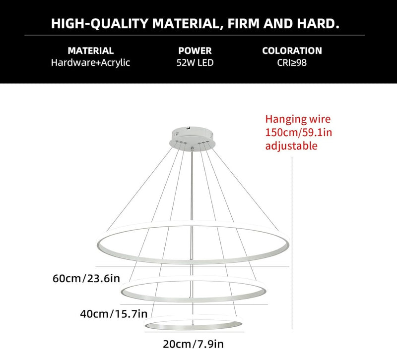 Led Chandeliers Ceiling Light,Dimmable 3 Ring Acrylic White