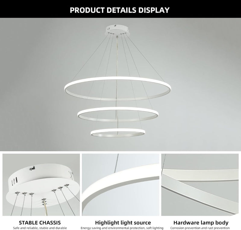 Led Chandeliers Ceiling Light,Dimmable 3 Ring Acrylic White