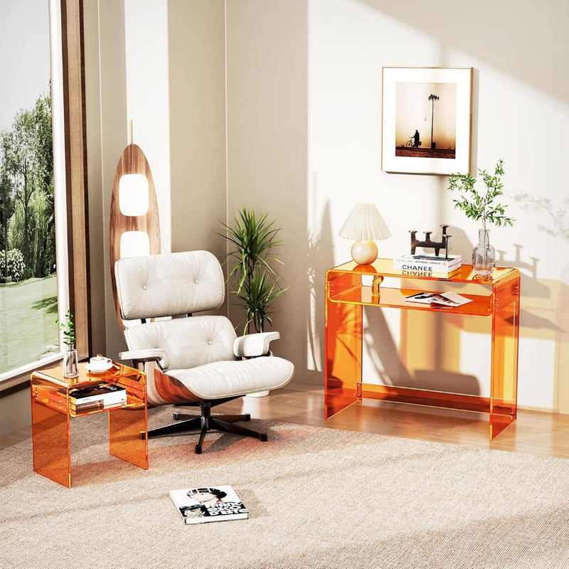 Clear Acrylic End Table 2-Tier Bedside nightstand for Home Decor (Orange)