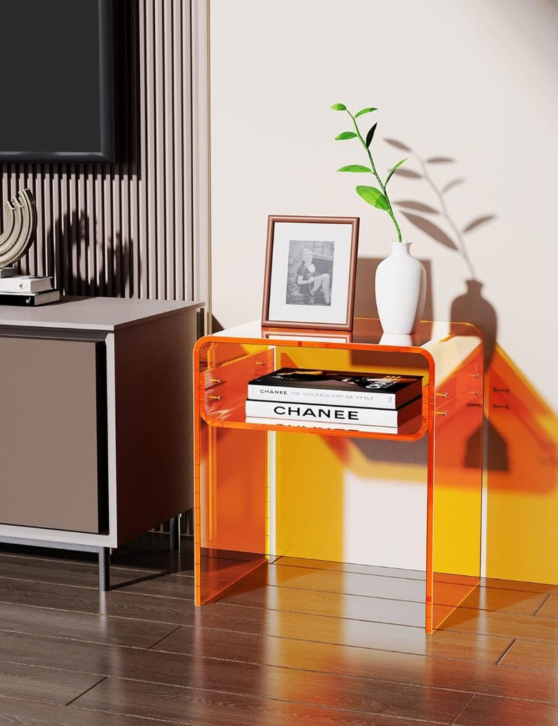 Clear Acrylic End Table 2-Tier Bedside nightstand for Home Decor (Orange)