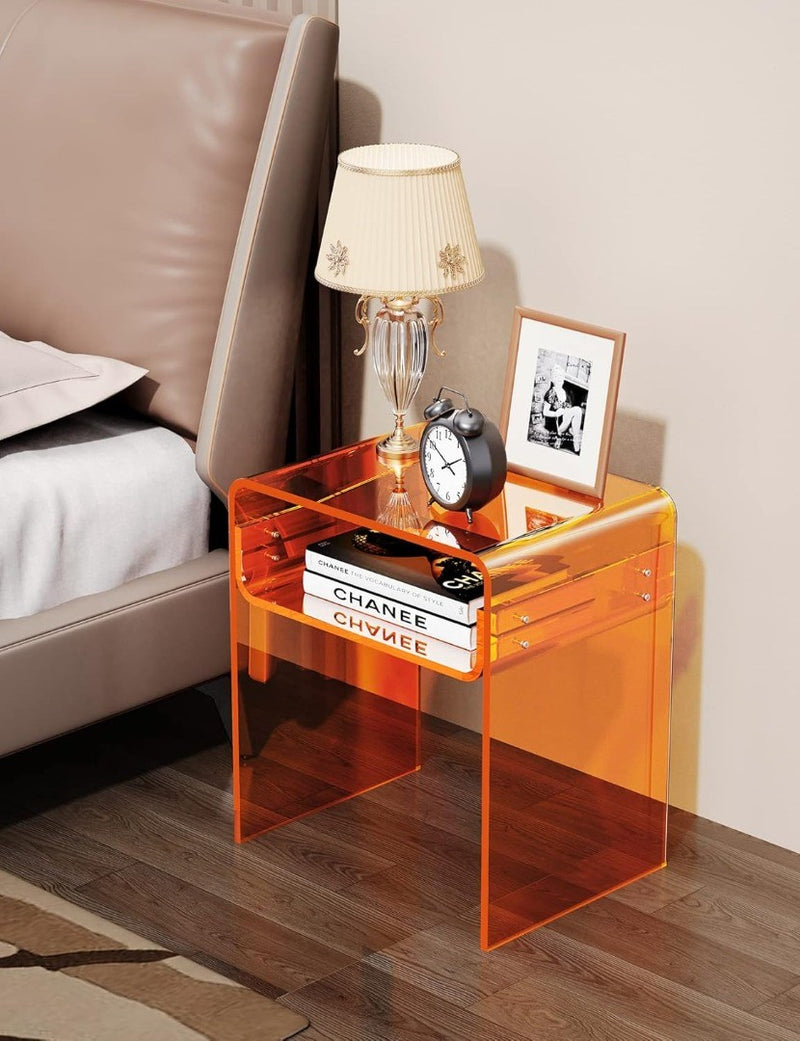 Clear Acrylic End Table 2-Tier Bedside nightstand for Home Decor (Orange)