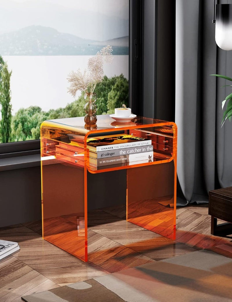 Clear Acrylic End Table 2-Tier Bedside nightstand for Home Decor (Orange)